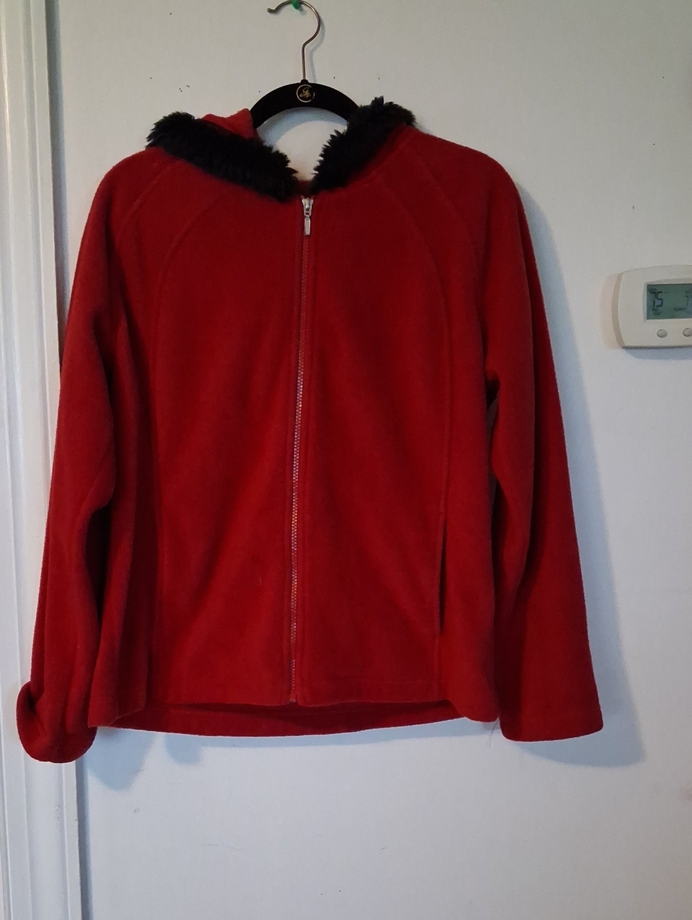 Kim Rogers Red Fleece Hooded Jacket with Black Faux-Fur Trim